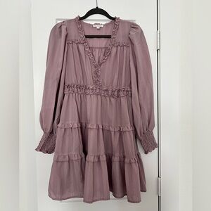 Tiered Ruffle V-Neck Long Sleeve Dress - Mauve